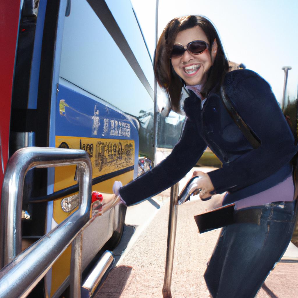 Person boarding shuttle bus, smiling